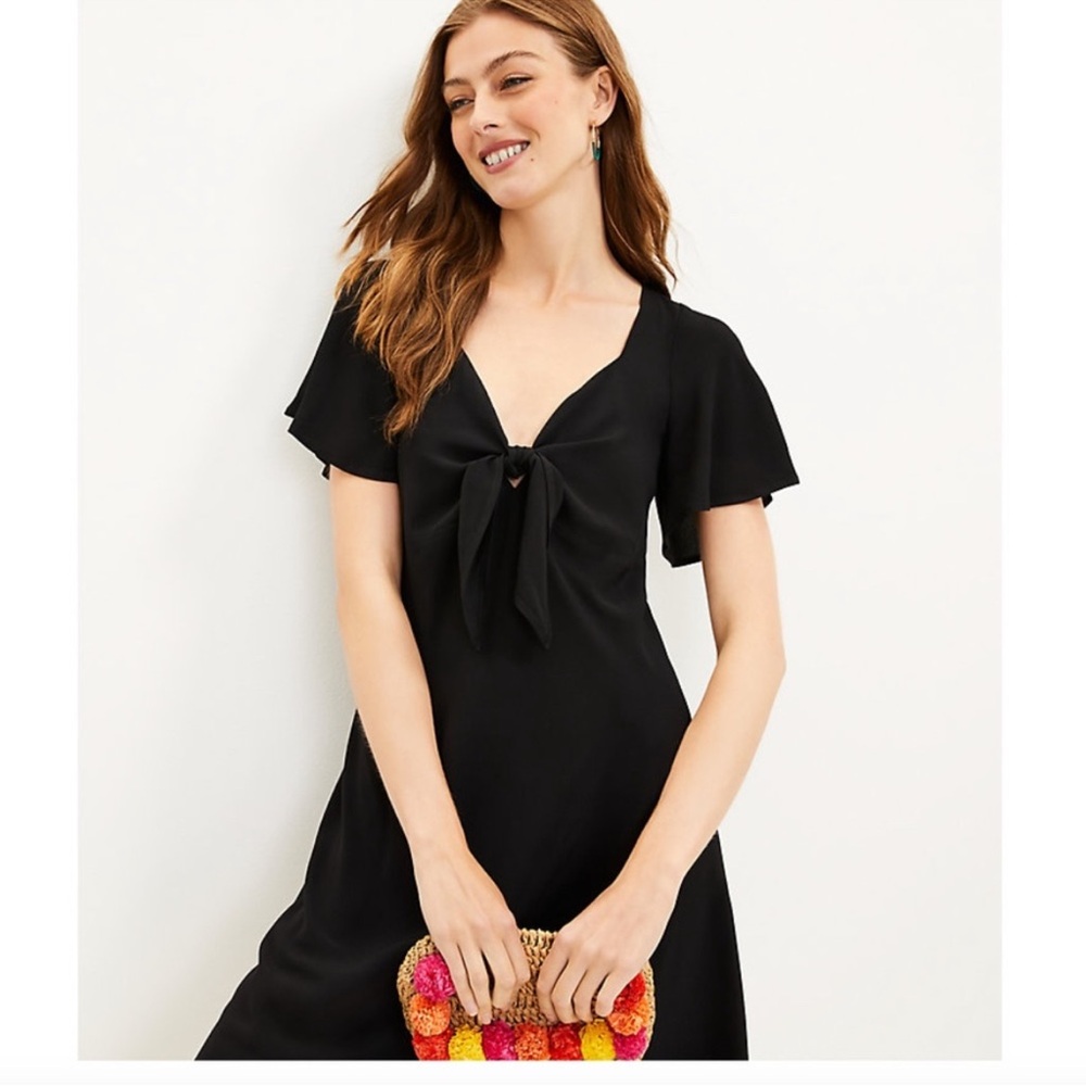 NEW LOFT Black Tie-Front Mini Dress Womens‎ Size M Ruffle Sleeve Neutral Basic